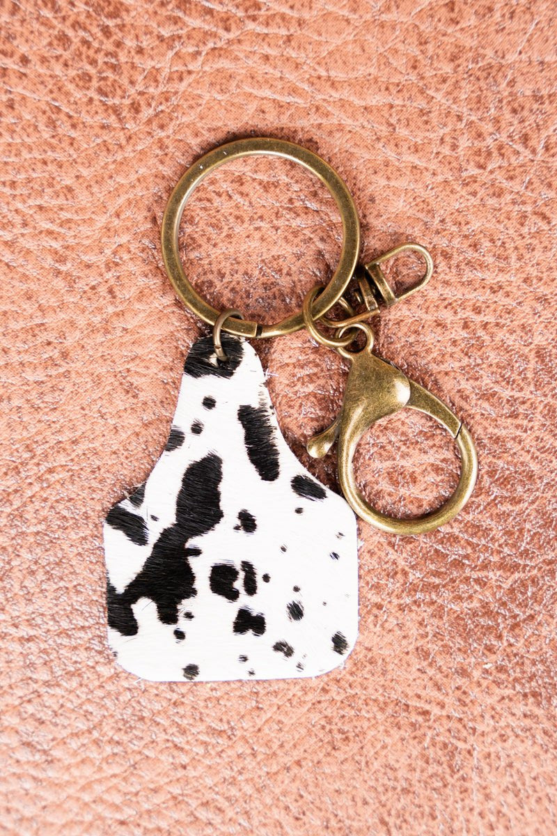 BLACK COW CATTLE TAG KEYCHAIN