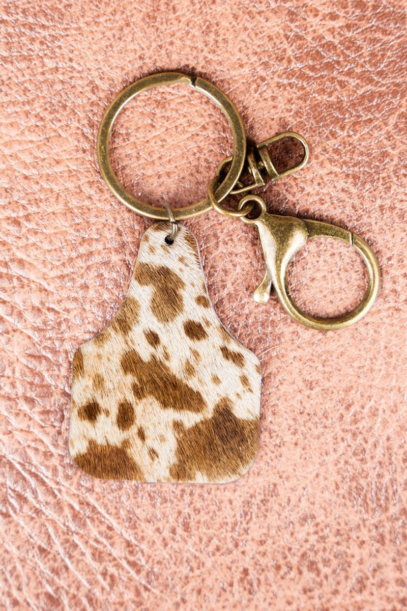 BROWN COW CATTLE TAG KEYCHAIN