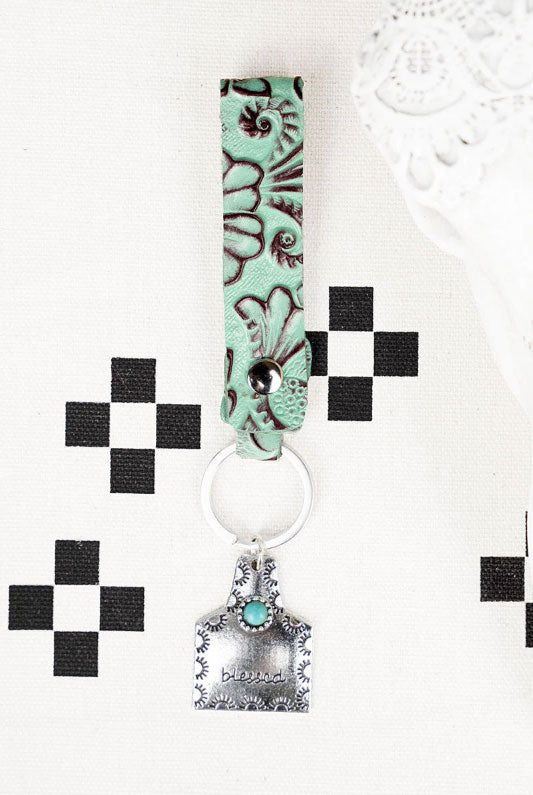 Embossed Turquiose Loop Blessed Cattle Tag Keychain